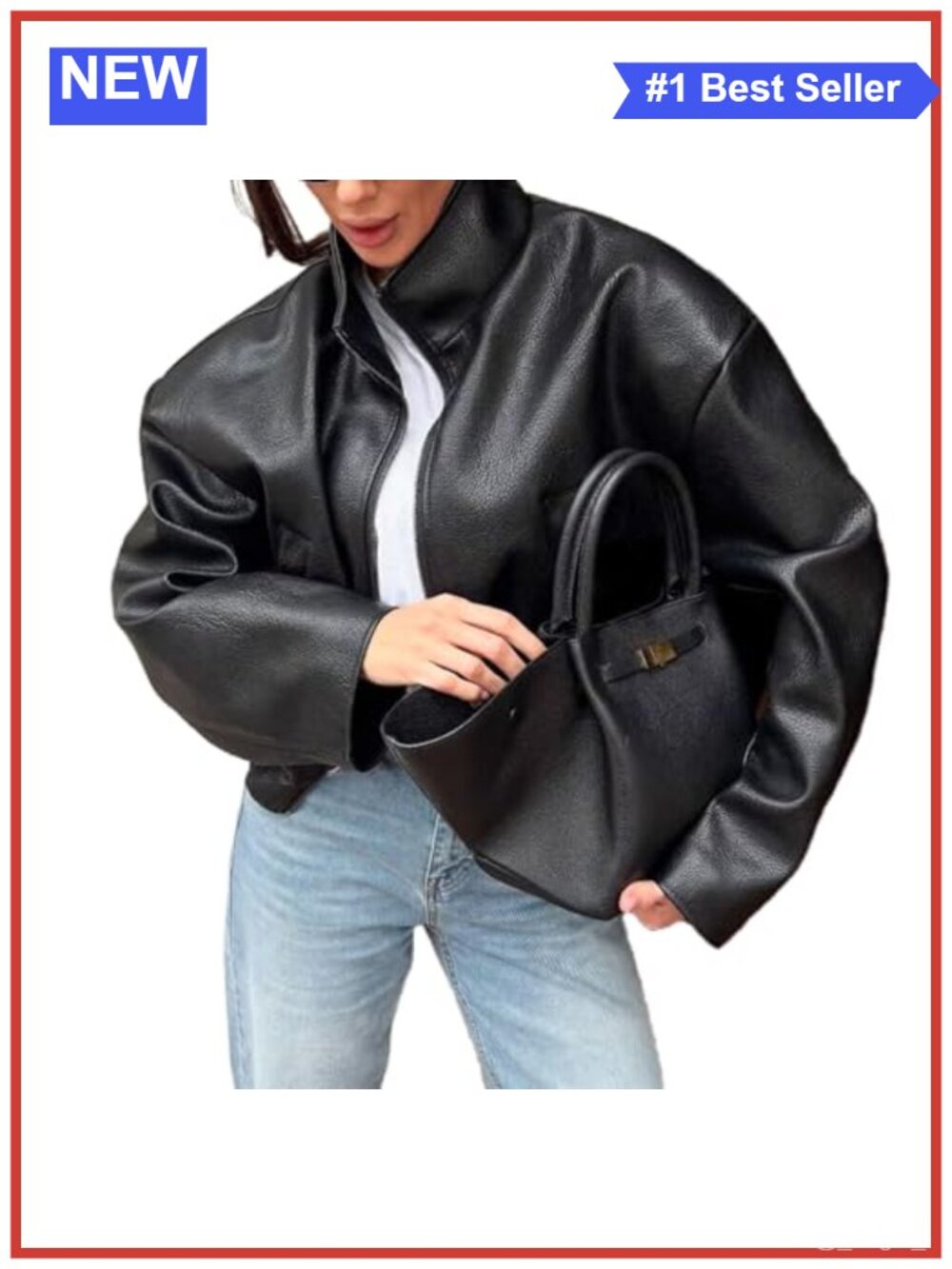 Faux Leather Moto Jacket Zip Stand Collar Bomber Lightweight